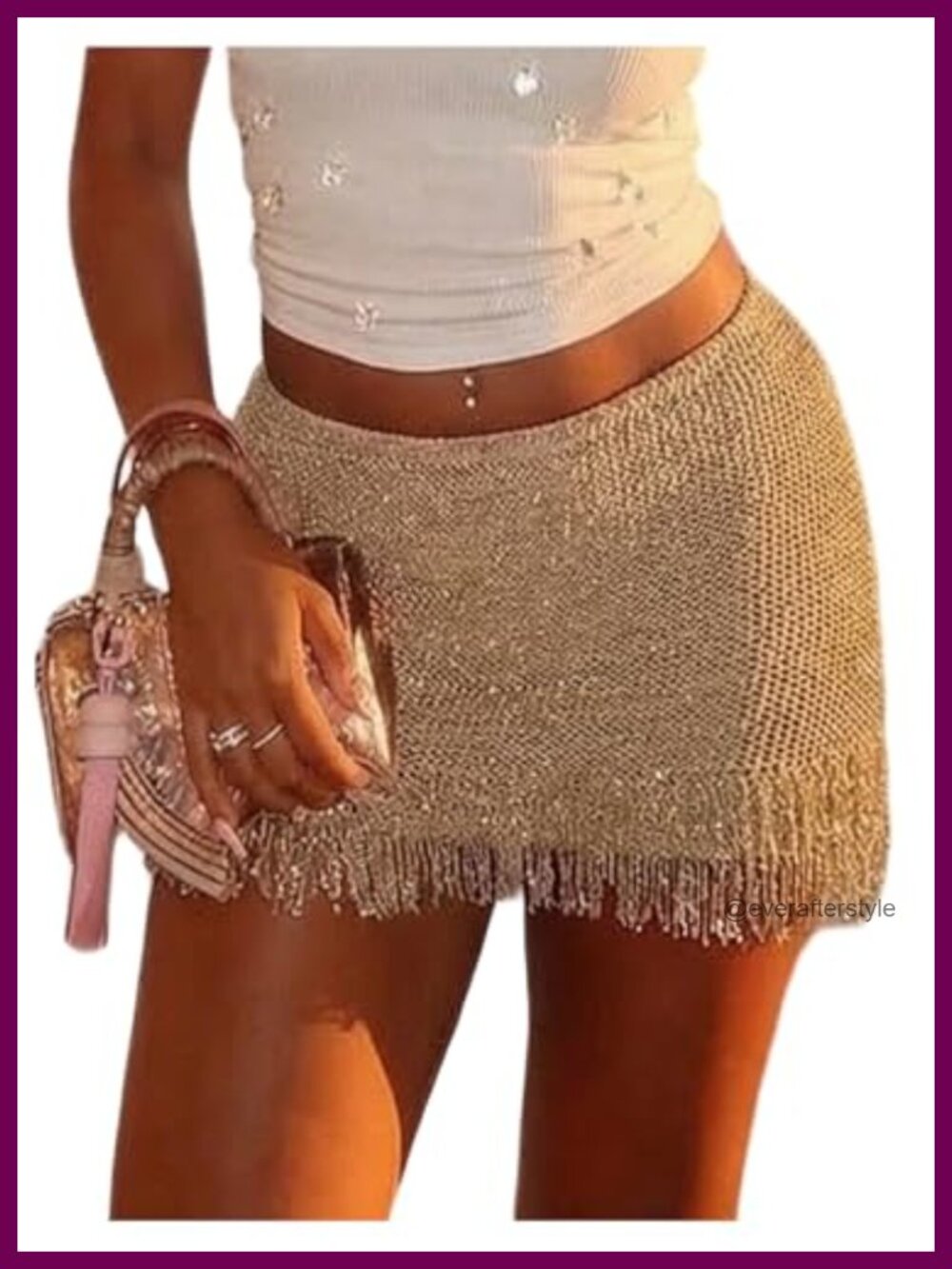 Fringe Bodycon Mini Skirt Crochet Knit Shimmer Low Rise Summer Party Skirt